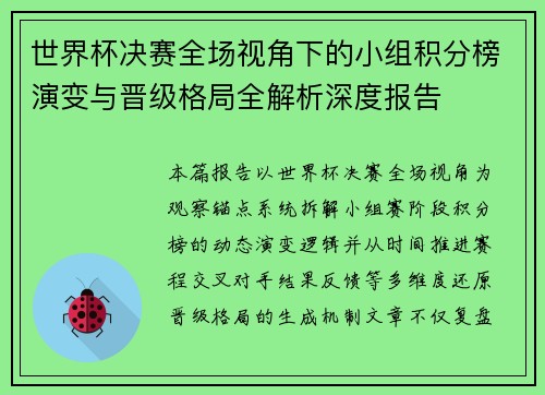 世界杯决赛全场视角下的小组积分榜演变与晋级格局全解析深度报告